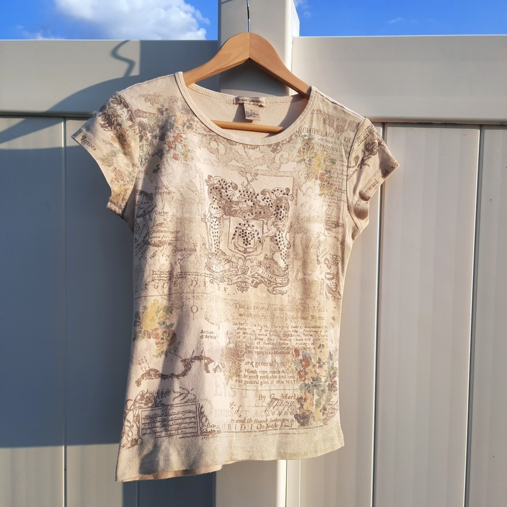 Y2K France Allover Print T-shirt with Studs | Susan Lawrence | Size Medium